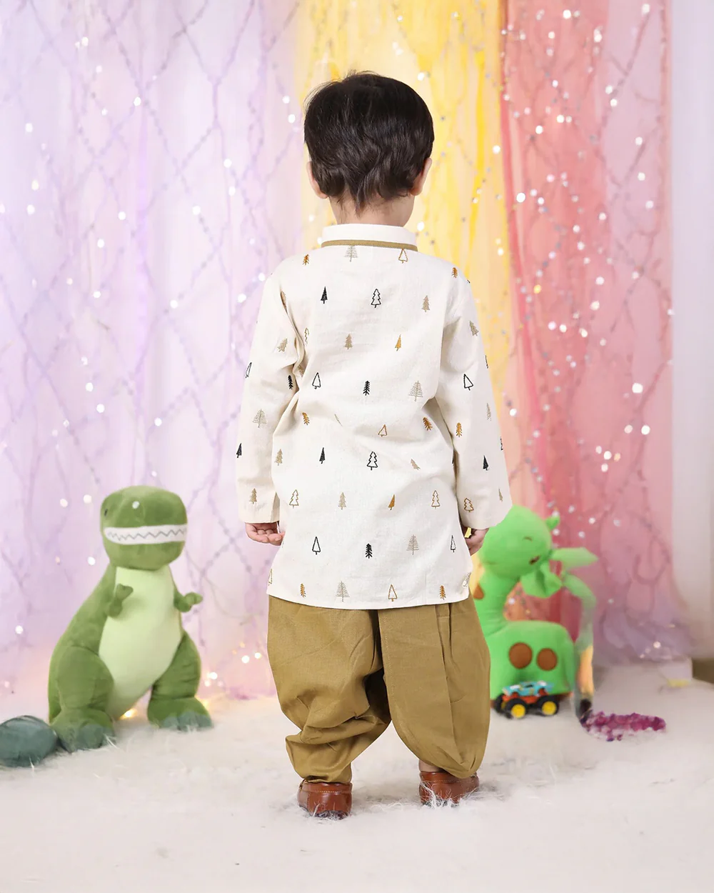 Polka Tots White & Brown Kurta Dhoti Set-Christmas Tree Embroidered-Cotton-For Infants - Image 2