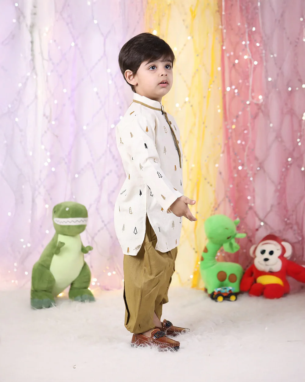 Polka Tots White & Brown Kurta Dhoti Set-Christmas Tree Embroidered-Cotton-For Infants - Image 3