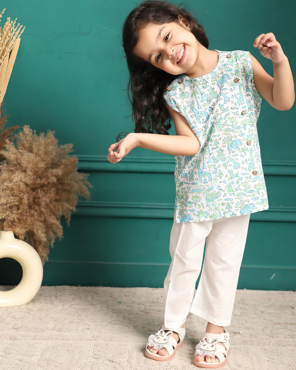 Polka Tots White & Green Jhabla Set-Cotton-Peacock Fish Print-For Infants