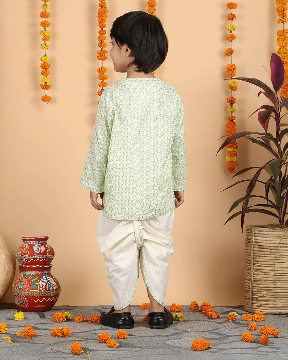 Polka Tots White & Mint Angrakha Dhoti Set-Cotton-Printed-For Infants - Image 2