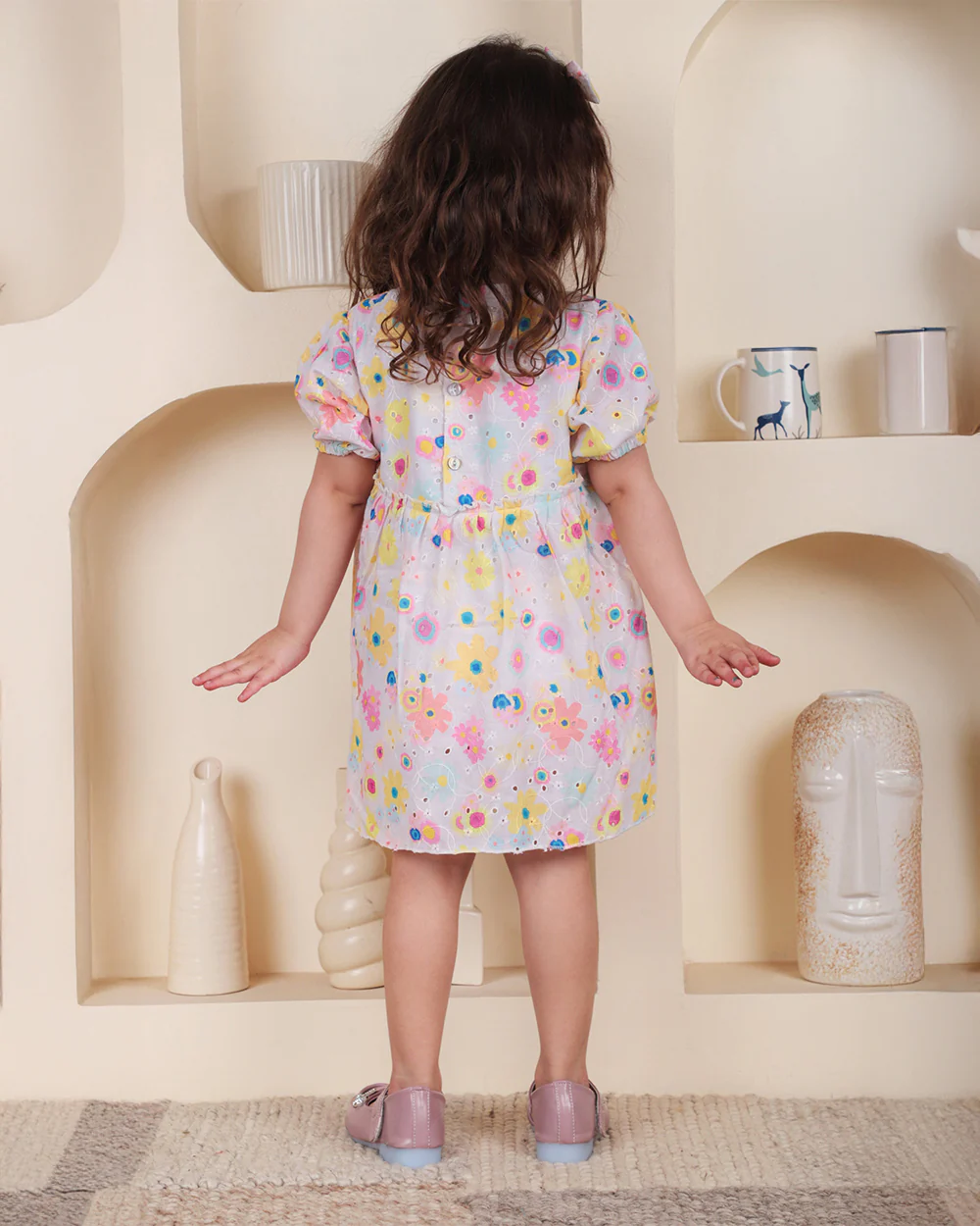 Polka Tots White & Multicolor Frock with Headband-Floral Print-Cotton-For Infants - Image 2