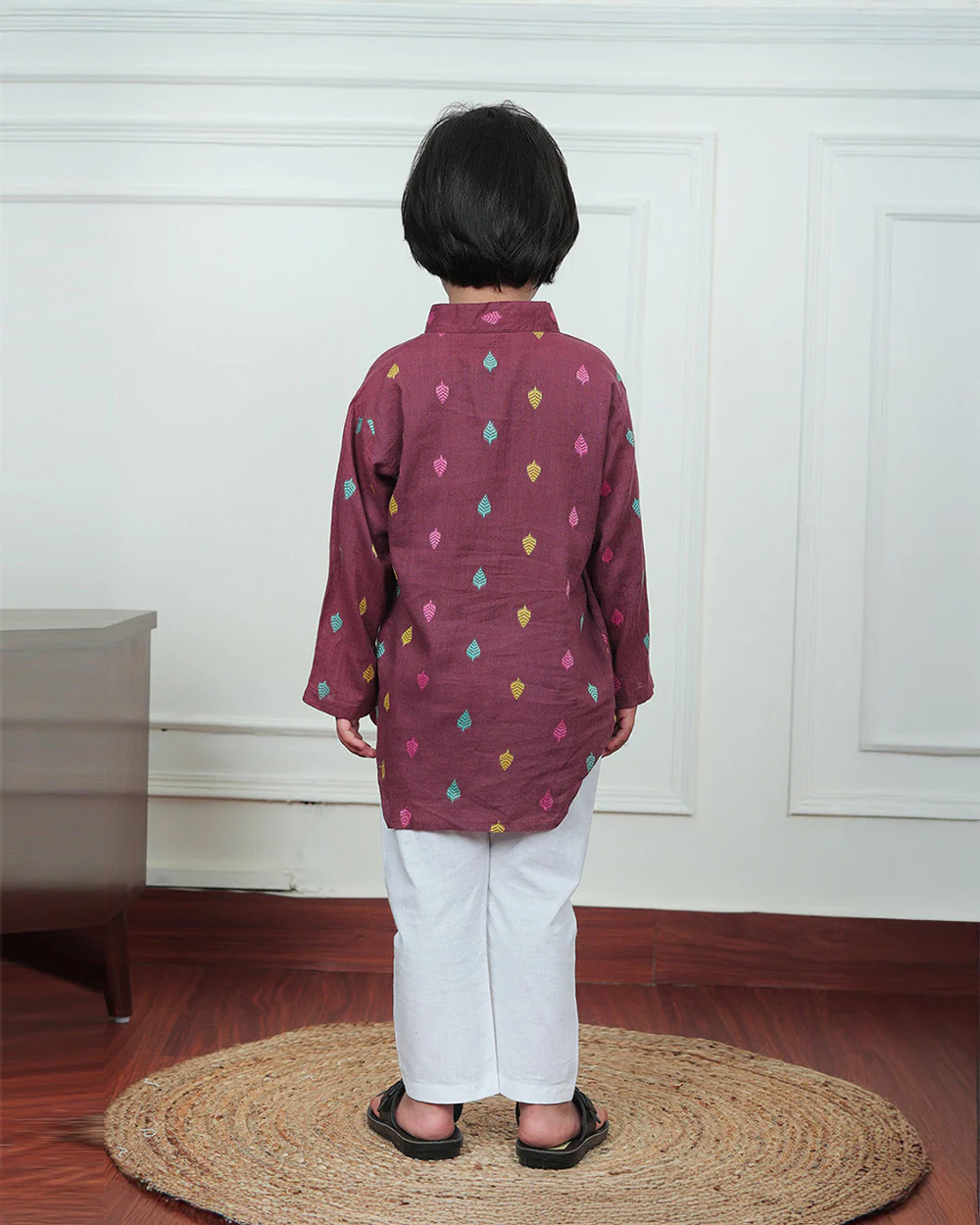 Polka Tots Wine Kurta Pajama Set-Leaf Embroidered-Cotton-For Infants - Image 2