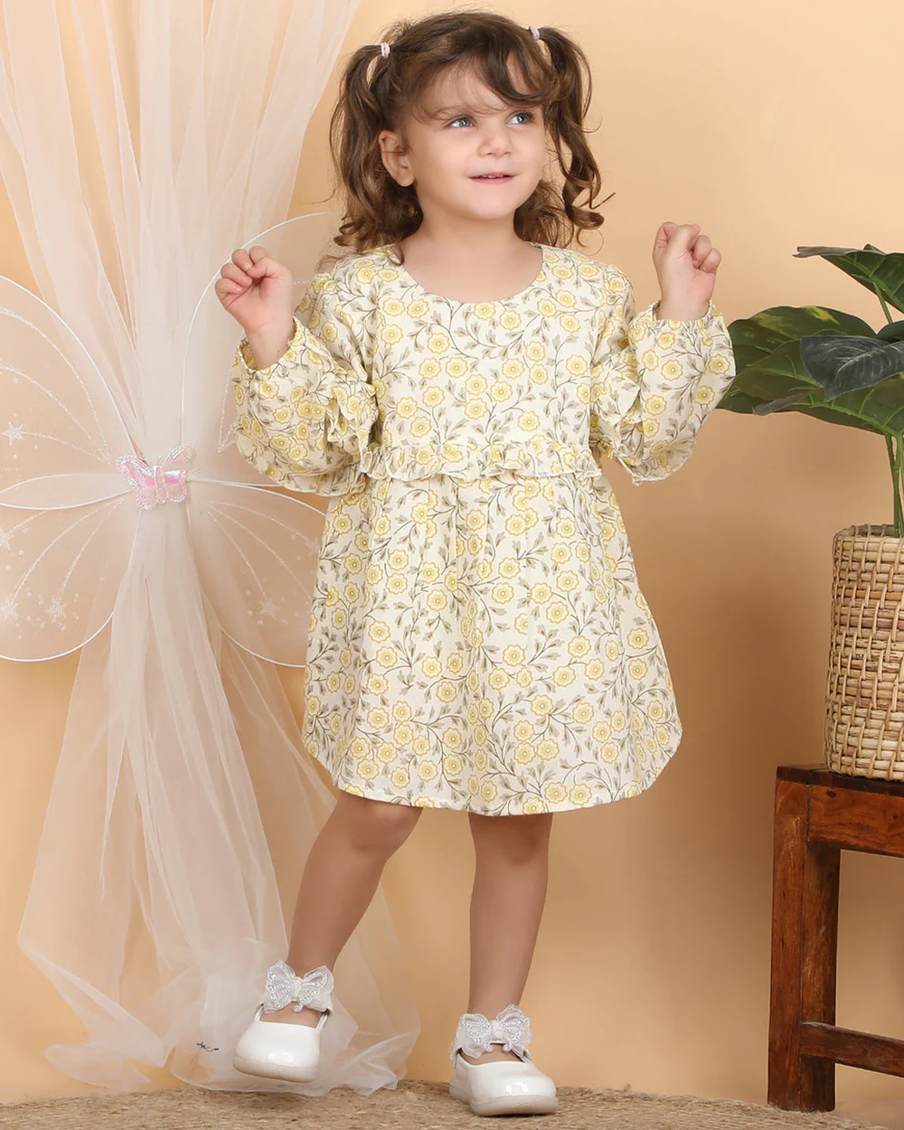 Polka Tots Yellow-Frock Dress-Floral Print-Cotton Muslin-For Infants - Image 4