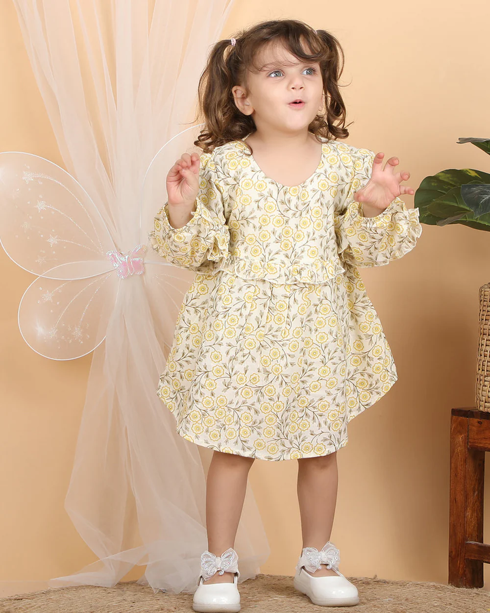 Polka Tots Yellow-Frock Dress-Floral Print-Cotton Muslin-For Infants - Image 5