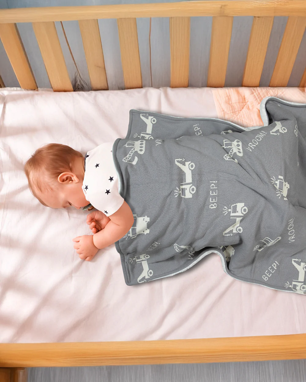Pomme Cute Construction Vehicle Knitted Ultra Soft Sherpa Blanket-100% Cotton-Grey-For Infants - Image 3