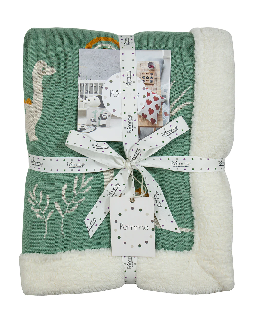 Pomme Cute Dino Knitted Ultra Soft Sherpa Blanket-100% Cotton-Sage Green-For Infants - Image 6