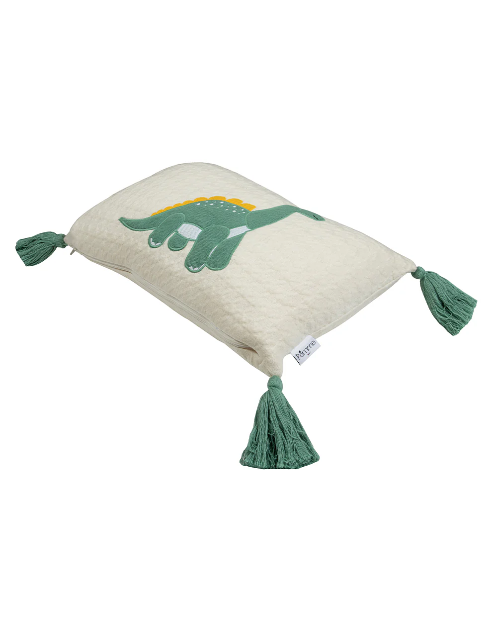 Pomme Cute Quilt Dino Knitted Baby Cushion with Filler-White & Sage-For Infants - Image 3