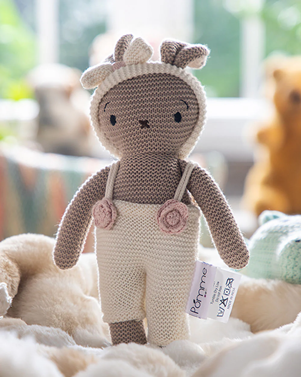Pomme Ivory Beige Bunny With Dress Cotton Knitted Soft Toy-Promotes Visual Stimulation-Plush Cuddly Toy For Newborn - Image 6