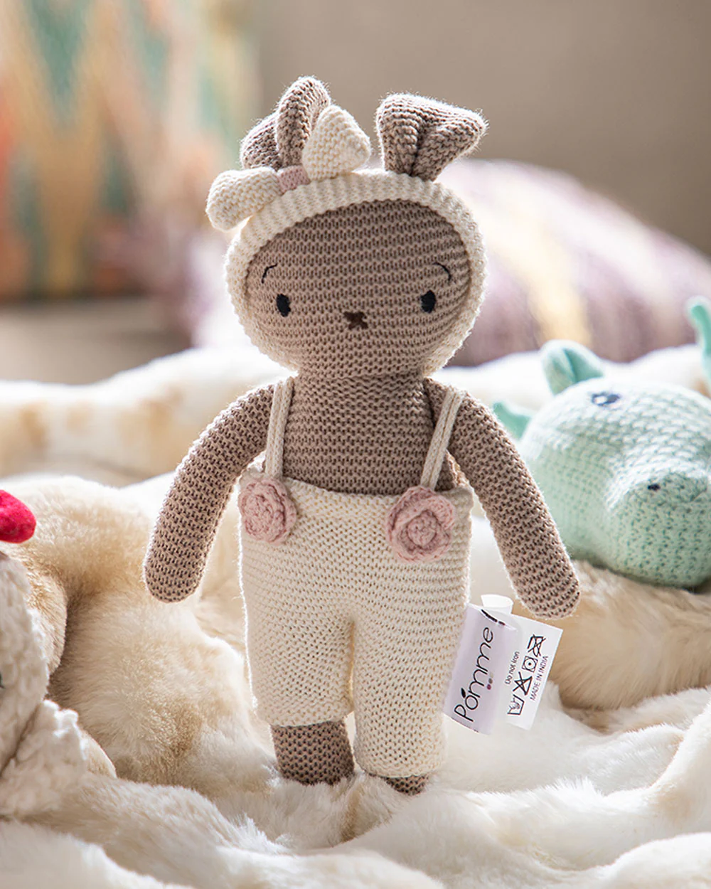 Pomme Ivory Beige Bunny With Dress Cotton Knitted Soft Toy-Promotes Visual Stimulation-Plush Cuddly Toy For Newborn - Image 8