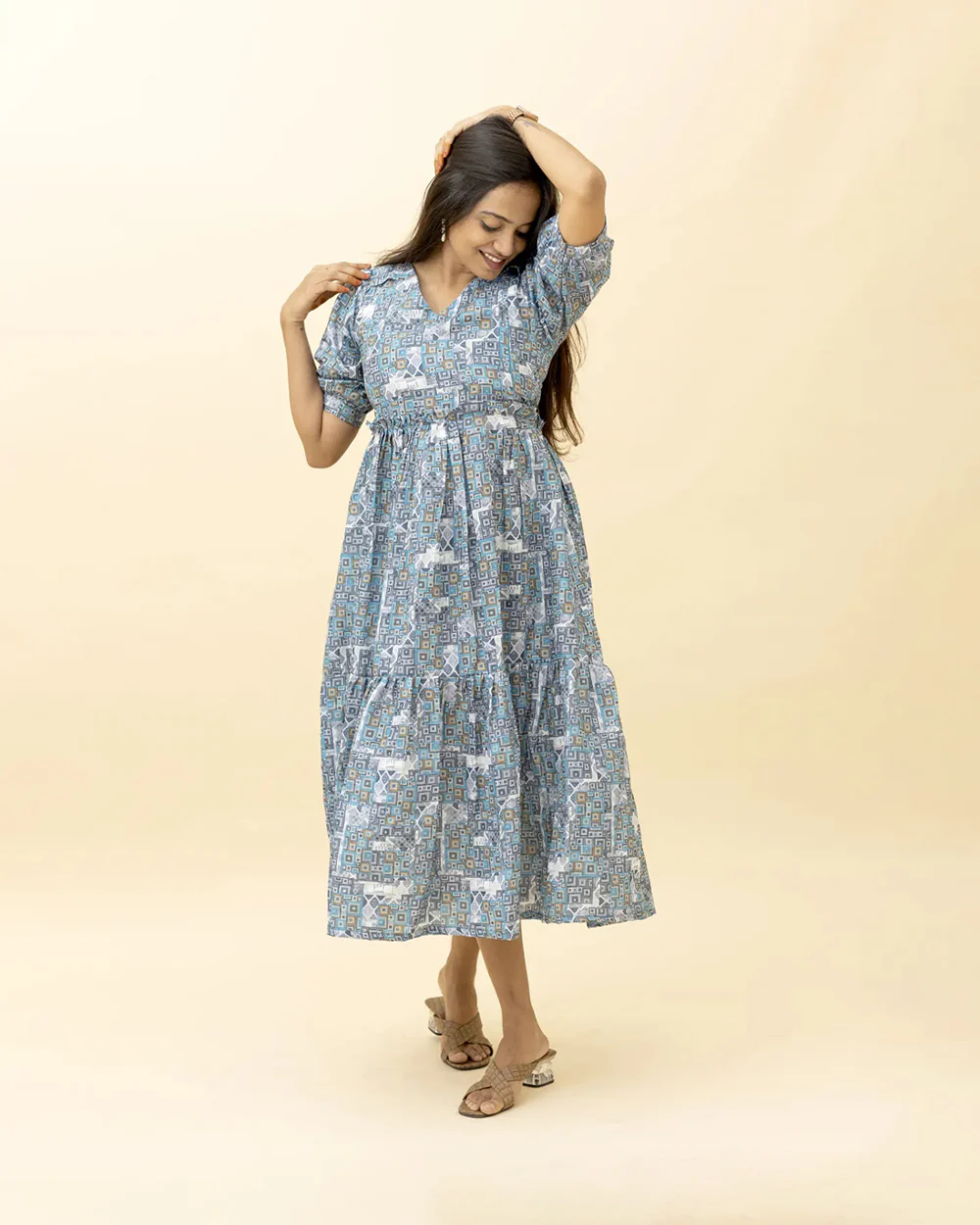 Putchi Blue & Grey Maternity Nursing Dress-Cotton Rayon-Floral Print-Bump Friendly - Image 2