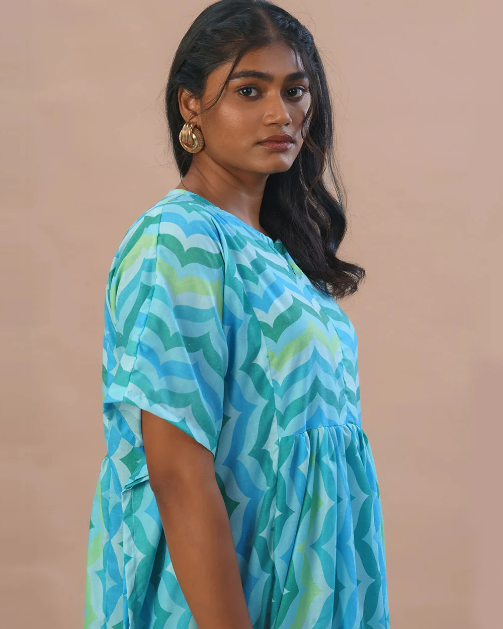 Putchi Blue Maternity Nursing Kaftan-Self Designed-Muslin-Round Neck-Bump Friendly - Image 3