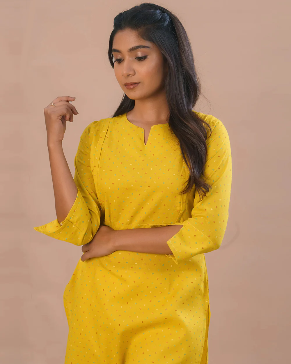 Putchi Lime Yellow Maternity Nursing Kurta-Polka Dots Print-Cotton-Round Split V Neck-Bump Friendly - Image 5