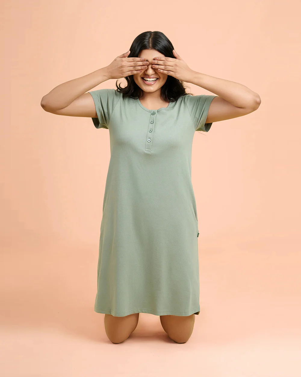 Putchi Olive Maternity Nursing Nighty-Solid Color-Cotton-Round Neck-Bump Friendly - Image 2