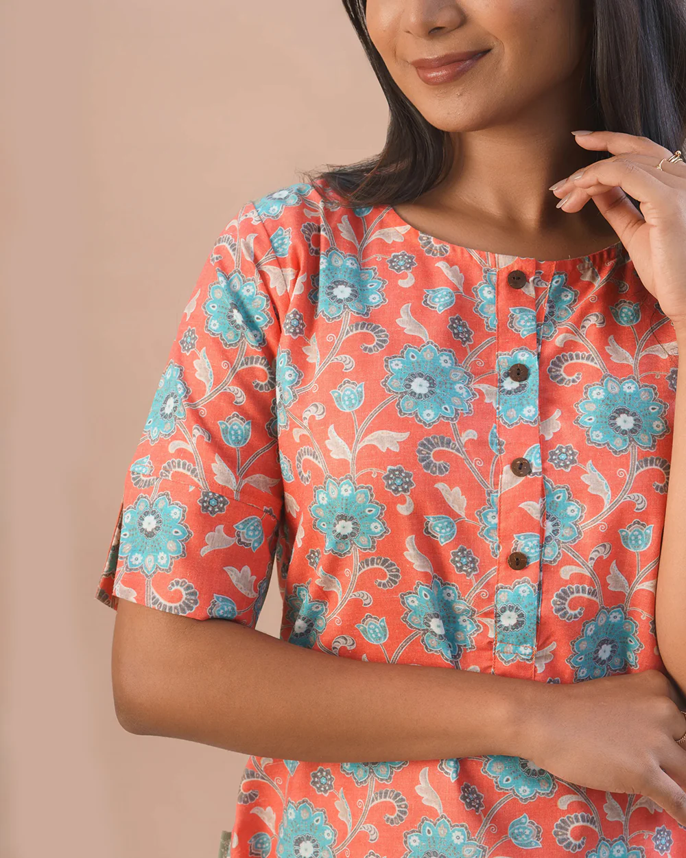 Putchi Orange Maternity Nursing Kurta-Floral Print-Cotton-Round Neck-Bump Friendly - Image 3