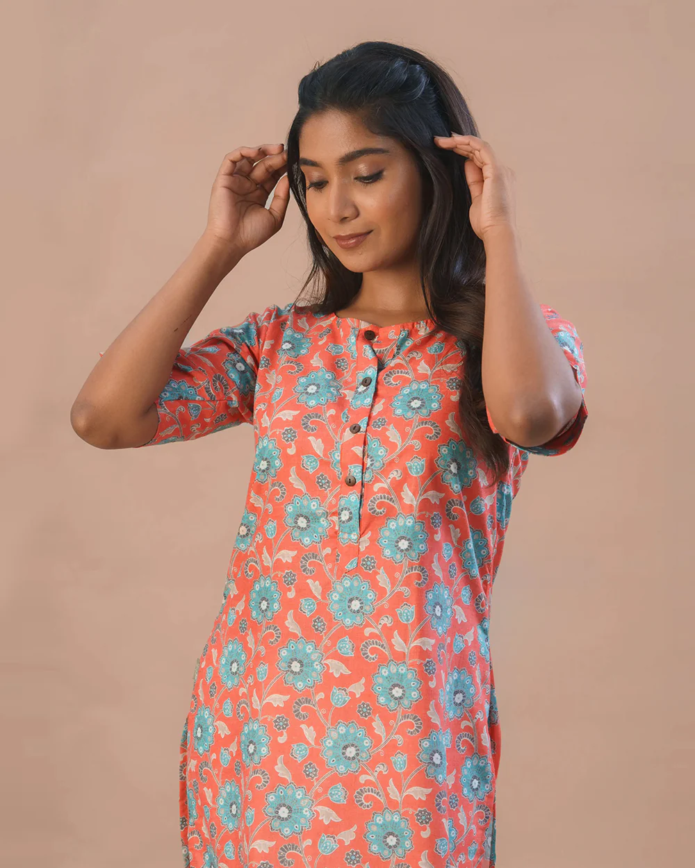 Putchi Orange Maternity Nursing Kurta-Floral Print-Cotton-Round Neck-Bump Friendly - Image 4