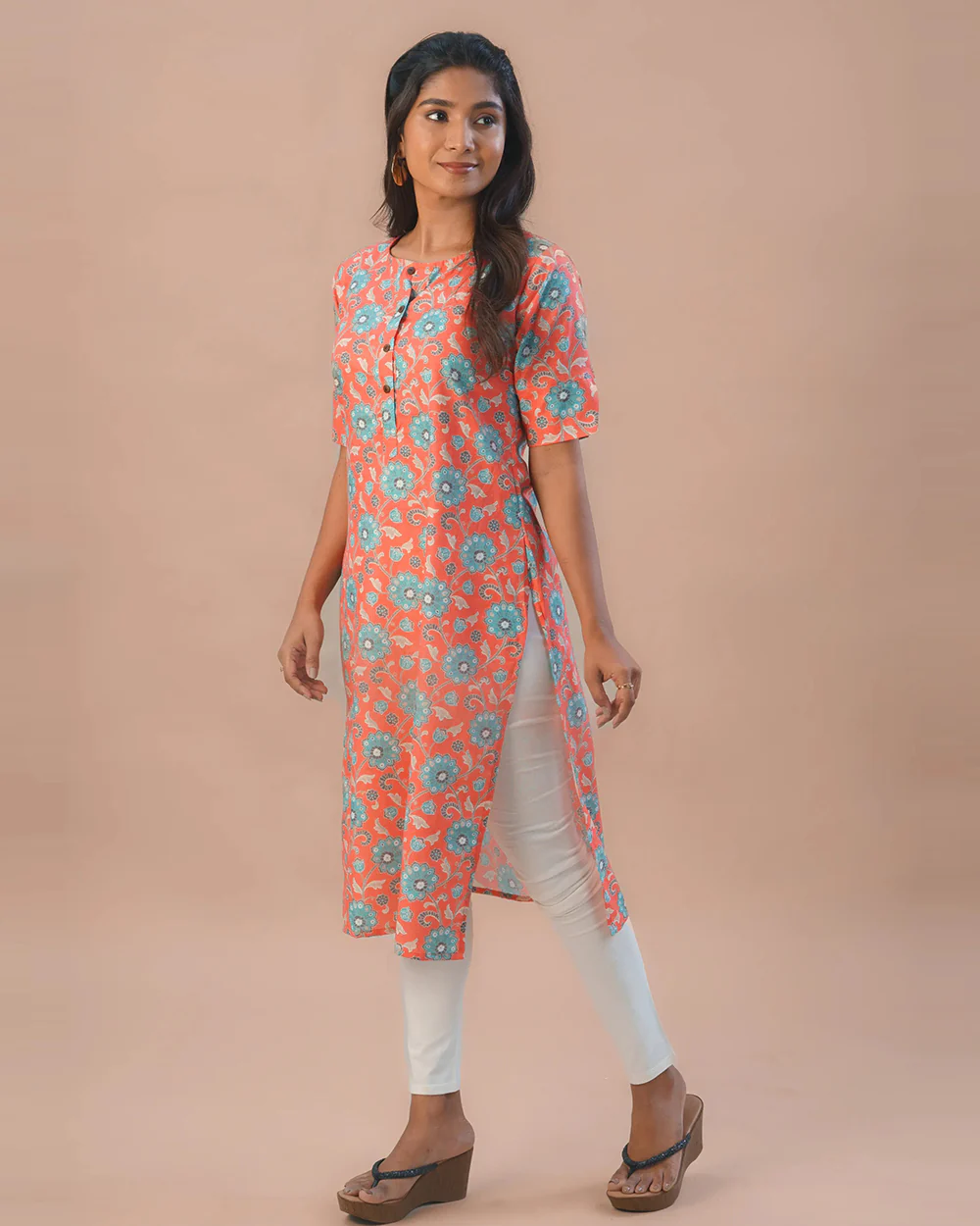 Putchi Orange Maternity Nursing Kurta-Floral Print-Cotton-Round Neck-Bump Friendly - Image 5