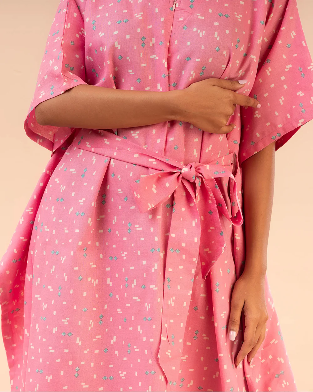 Putchi Pink Maternity Nursing Kaftan-Printed-Cotton-V Neck-Wide Sleeves-Bump Friendly - Image 3