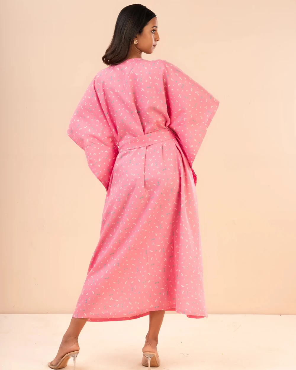 Putchi Pink Maternity Nursing Kaftan-Printed-Cotton-V Neck-Wide Sleeves-Bump Friendly - Image 4