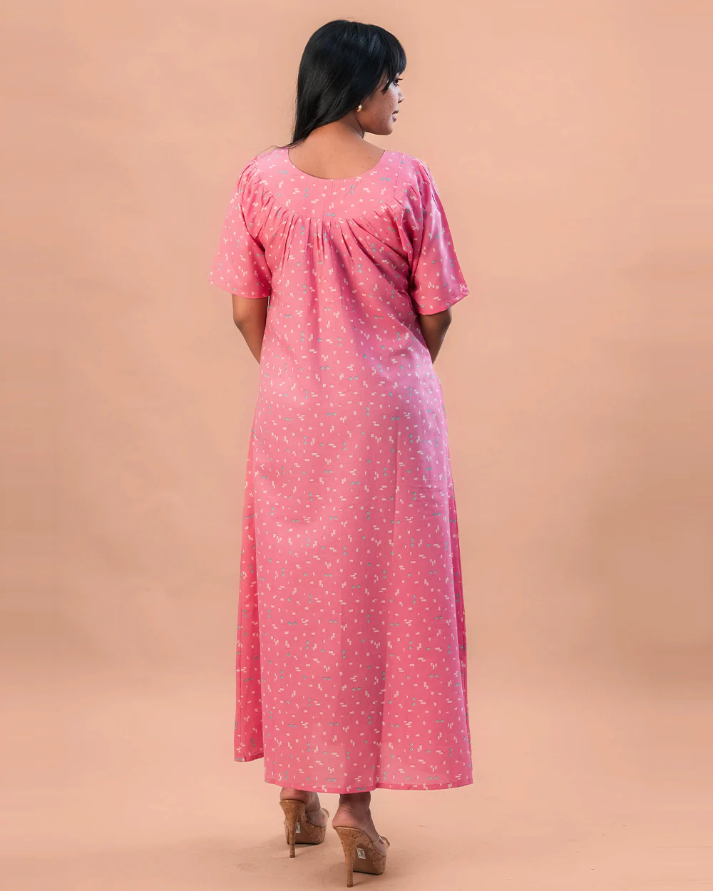 Putchi Pink Maternity Nursing Nighty-Printed-Cotton-Round V Neck-Bump Friendly - Image 2