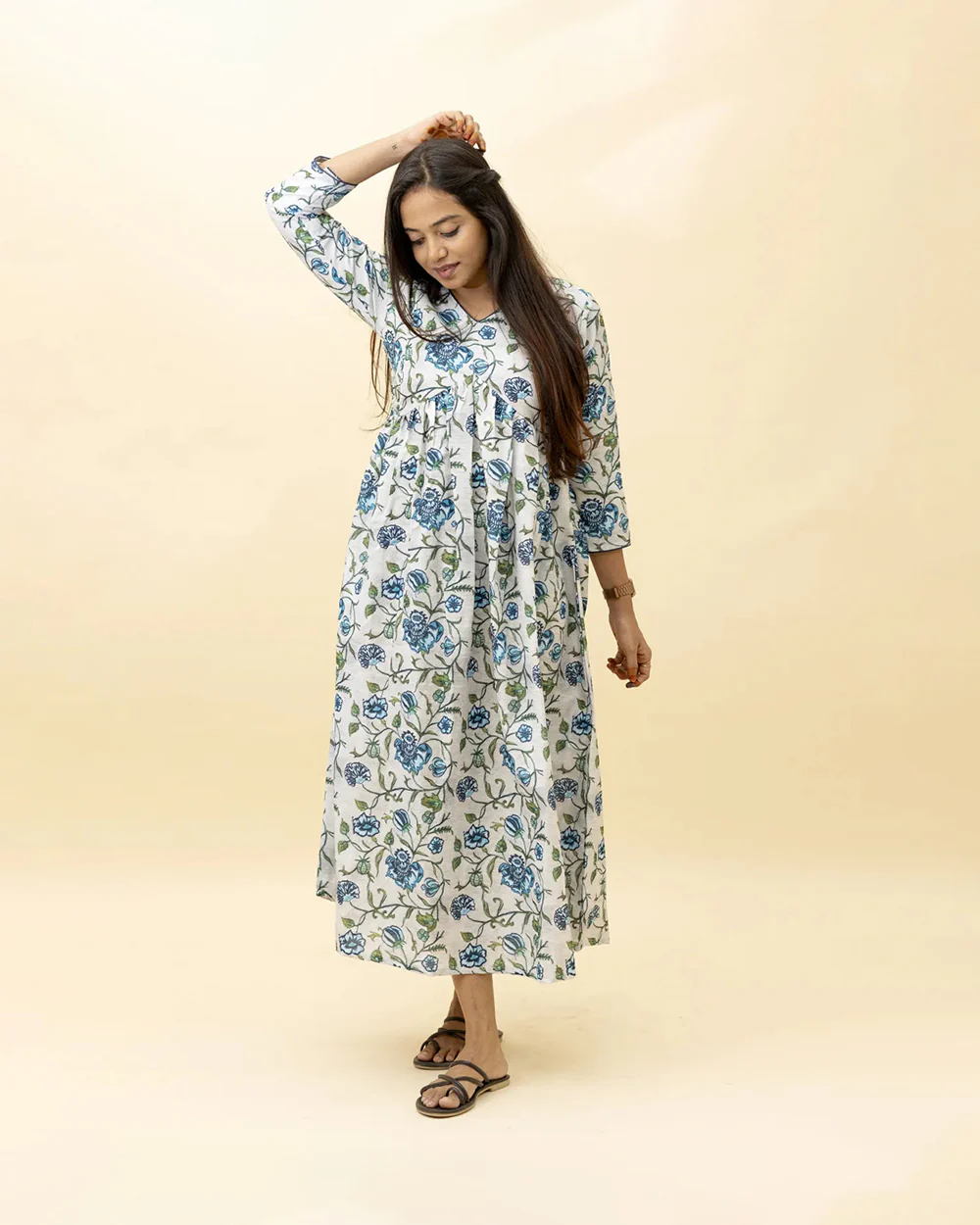 Putchi White & Blue Maternity Nursing Dress-Cotton Rayon-Floral Print-Bump Friendly - Image 2