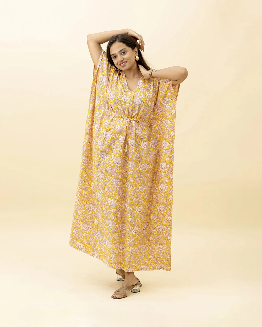 Putchi Yellow Maternity Nursing Kaftan-Cotton-Floral Print-Bump Friendly