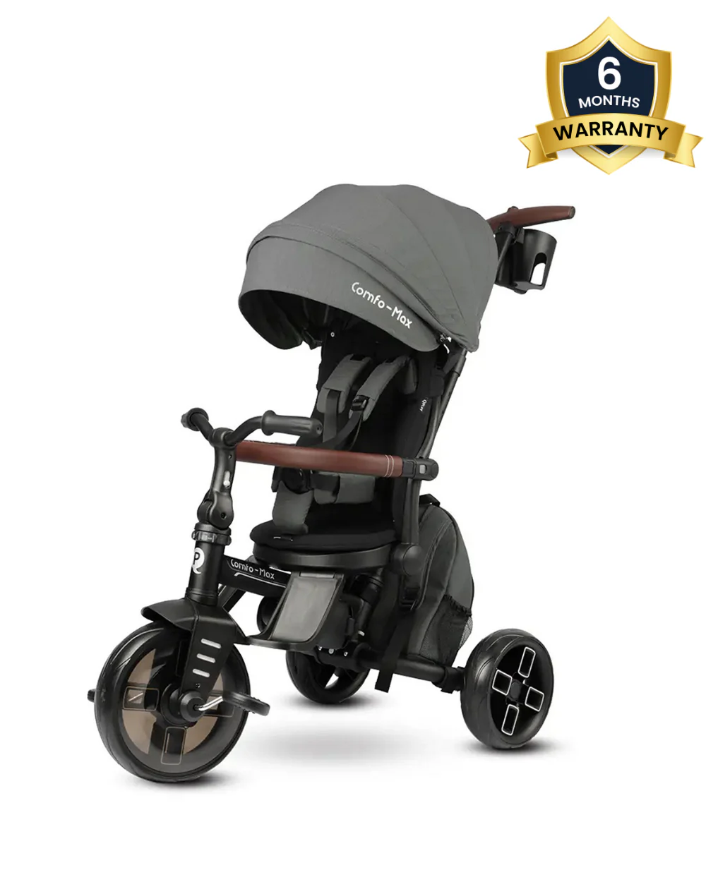 Qplay Comfo Max 7-in-1 Trike-Height Adjustable Parent Handle Bar-360 Degrees Rotating Seat-Adjustable Backrest-Foldable Frame-With Detachable Backpack-For 10M to 6Y (Upto 25 Kg)-Grey - Image 2