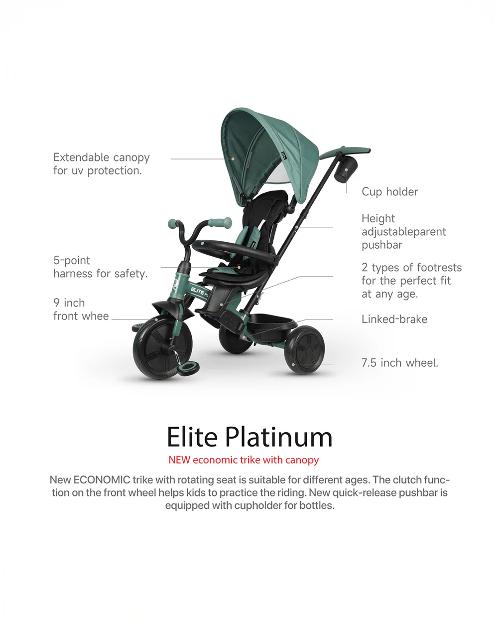 Qplay Elite Platinum 6 in 1 Trike-Height Adjustable Parent Handle Bar-360 Degrees Rotating Seat-5 Point Harness-For 10M to 6Y (Upto 25 Kg)-Dark Grey - Image 14