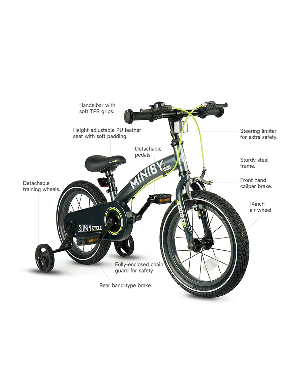 Qplay Miniby 3 in 1 Bike (14 Inch)-Balance Bike, Bicycle with Training Wheel Mode & Bicycle Mode-Adjustable Handlebar & Seat Height-Steering Limiter For Additional Safety-For 2.5 to 8Y-Green - Image 3