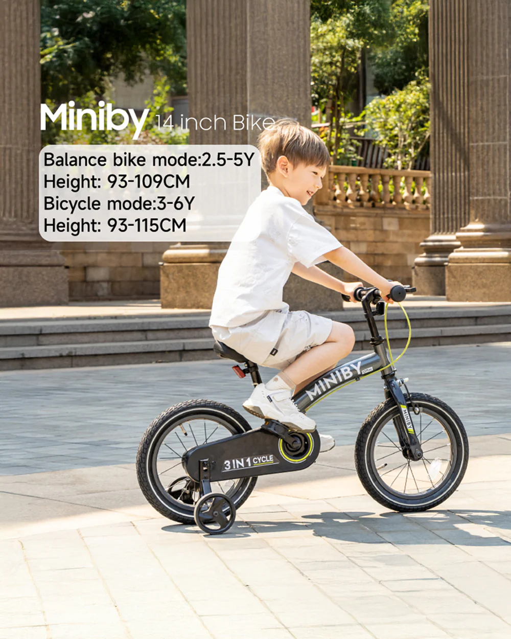 Qplay Miniby 3 in 1 Bike (14 Inch)-Balance Bike, Bicycle with Training Wheel Mode & Bicycle Mode-Adjustable Handlebar & Seat Height-Steering Limiter For Additional Safety-For 2.5 to 8Y-Green - Image 6