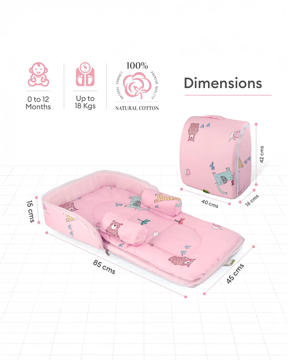 R for Rabbit Baby Nest Lite Bed-Blush Pink-100% Cotton-Carry Like Bag (0-12M) - Image 6