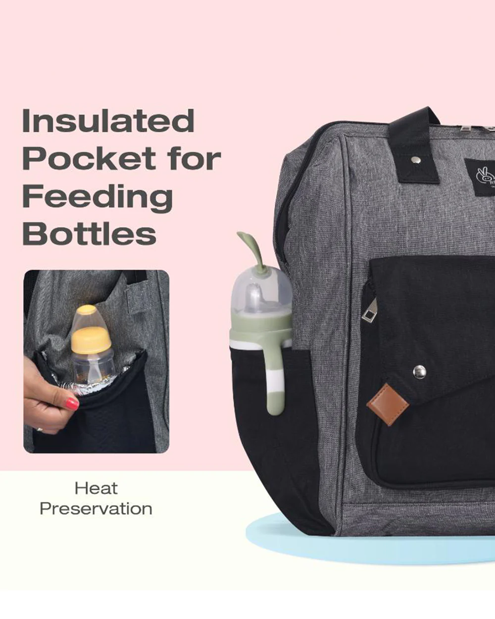 R For Rabbit Caramello Delight Diaper Bag-Backpack-With Changing Pad & Insulated Bottle Pocket-Grey & Black - Image 5