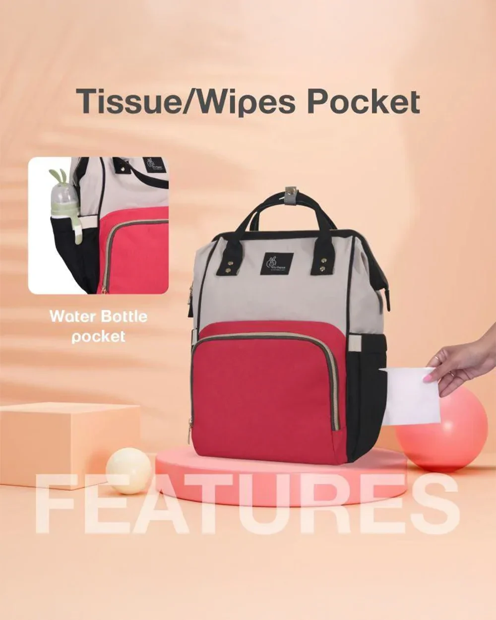 R For Rabbit Caramello Diaper Bag-Backpack-With Large Capacity-Red Cream - Image 2