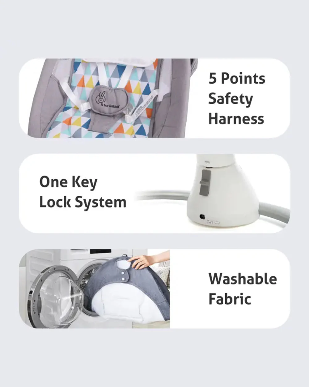 R for Rabbit Cocoon Baby Automatic Swing-16 Melodious Music-With 5 Speed Swing Motion-For Infants-Grey Multi - Image 7