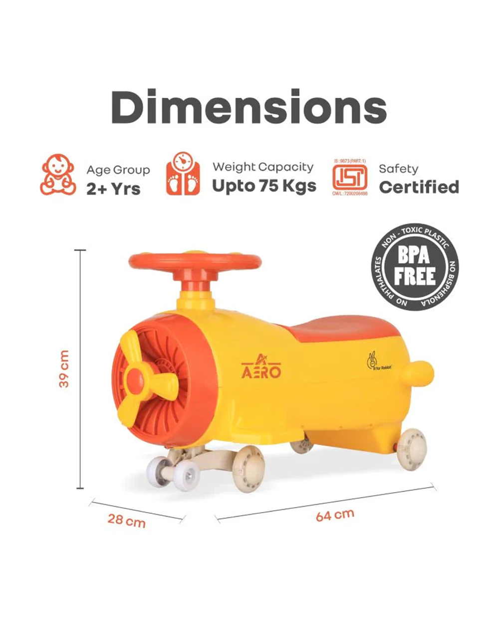 R for Rabbit Iya Iya Aero Twister & Swing car-Transforms Into Push Ride-on-With PU LED Wheels-2Y+ (Upto 75Kg)-Yellow Orange - Image 7