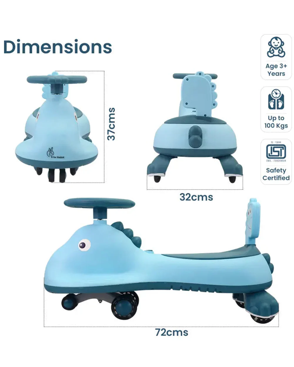 R for Rabbit Iya Iya Dino Twister & Swing car-ABEC 7 Bearing-With Inbuilt Music And Light-For 3Y+ (Upto 100Kg)-Blue - Image 7