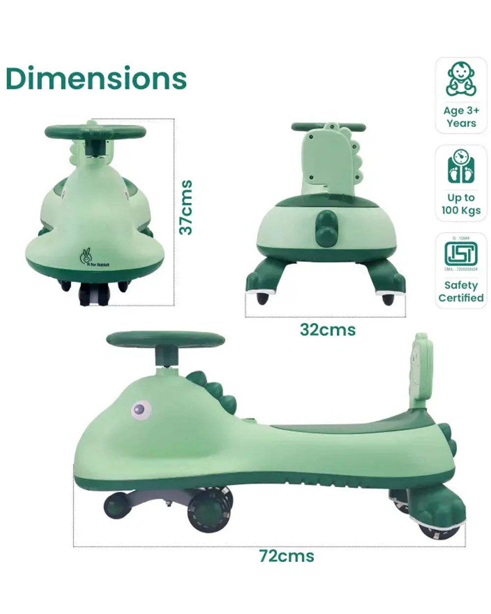 R for Rabbit Iya Iya Dino Twister & Swing car-ABEC 7 Bearing-With Inbuilt Music And Light-For 3Y+ (Upto 100Kg)-Green - Image 7
