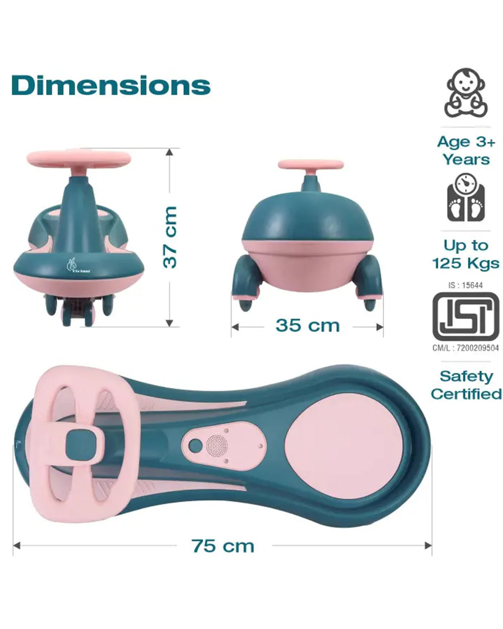 R for Rabbit Iya Iya Drift Twister & Swing car-Ergonomic Design Steering Wheel-One Touch Music-For 3Y+ (Upto 125Kg)-Green Pink - Image 8