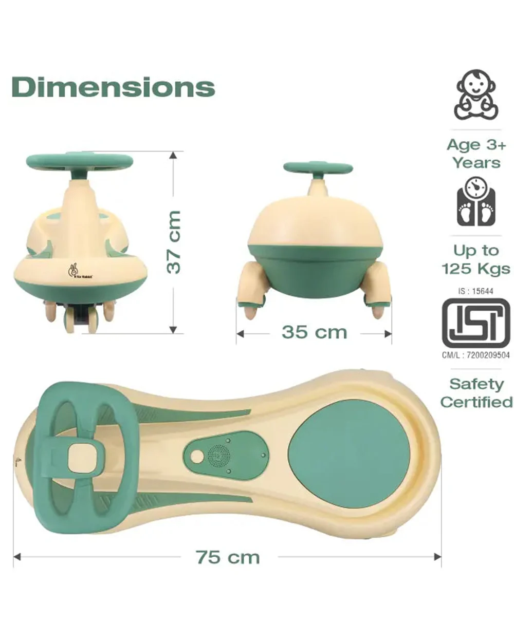 R for Rabbit Iya Iya Drift Twister & Swing car-Ergonomic Design Steering Wheel-One Touch Music-For 3Y+ (Upto 125Kg)-Peach Green - Image 7