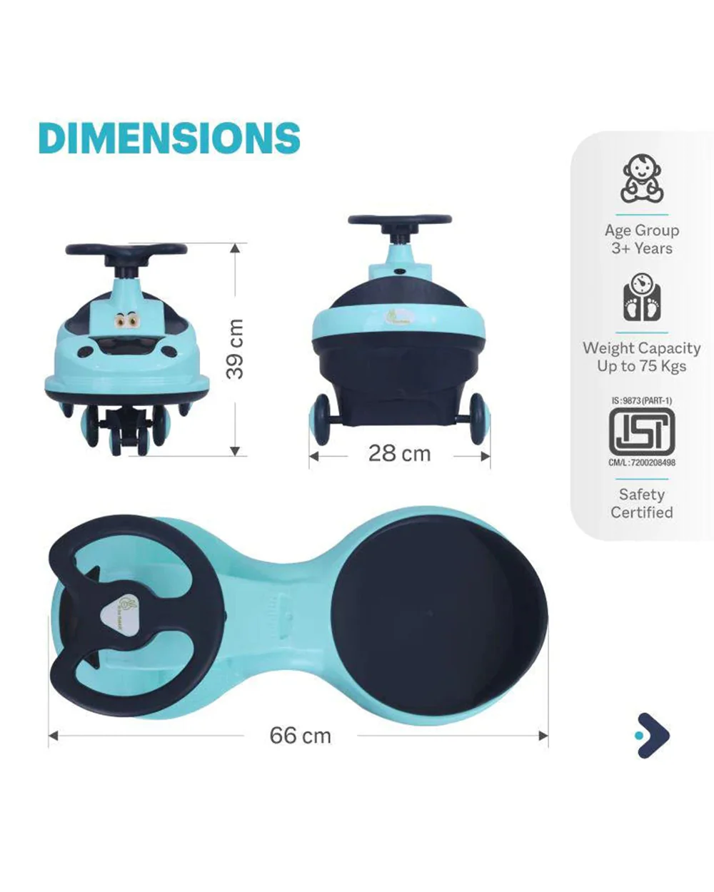 R for Rabbit Iya Iya Zippy Twister & Swing car-Wide Seating Area-With PU Wheels-3Y+ (Upto 75Kg)-Lake Blue - Image 9