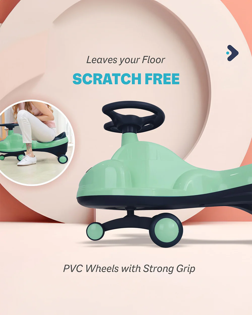 R for Rabbit Iya Iya Zippy Twister & Swing car-Wide Seating Area-With PU Wheels-3Y+ (Upto 75Kg)-Sea Green - Image 3
