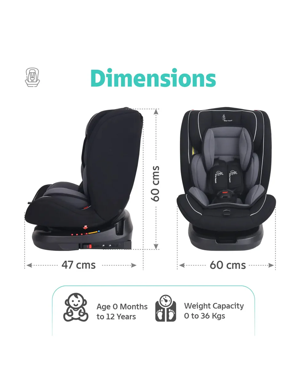 R for Rabbit Jack N Jill Grand ISOFIX Baby Car Seat-360 Degree Rotation-ECE R44/04 Certified-For 0 to 12Y (Upto 36 Kg)-Black Grey - Image 8