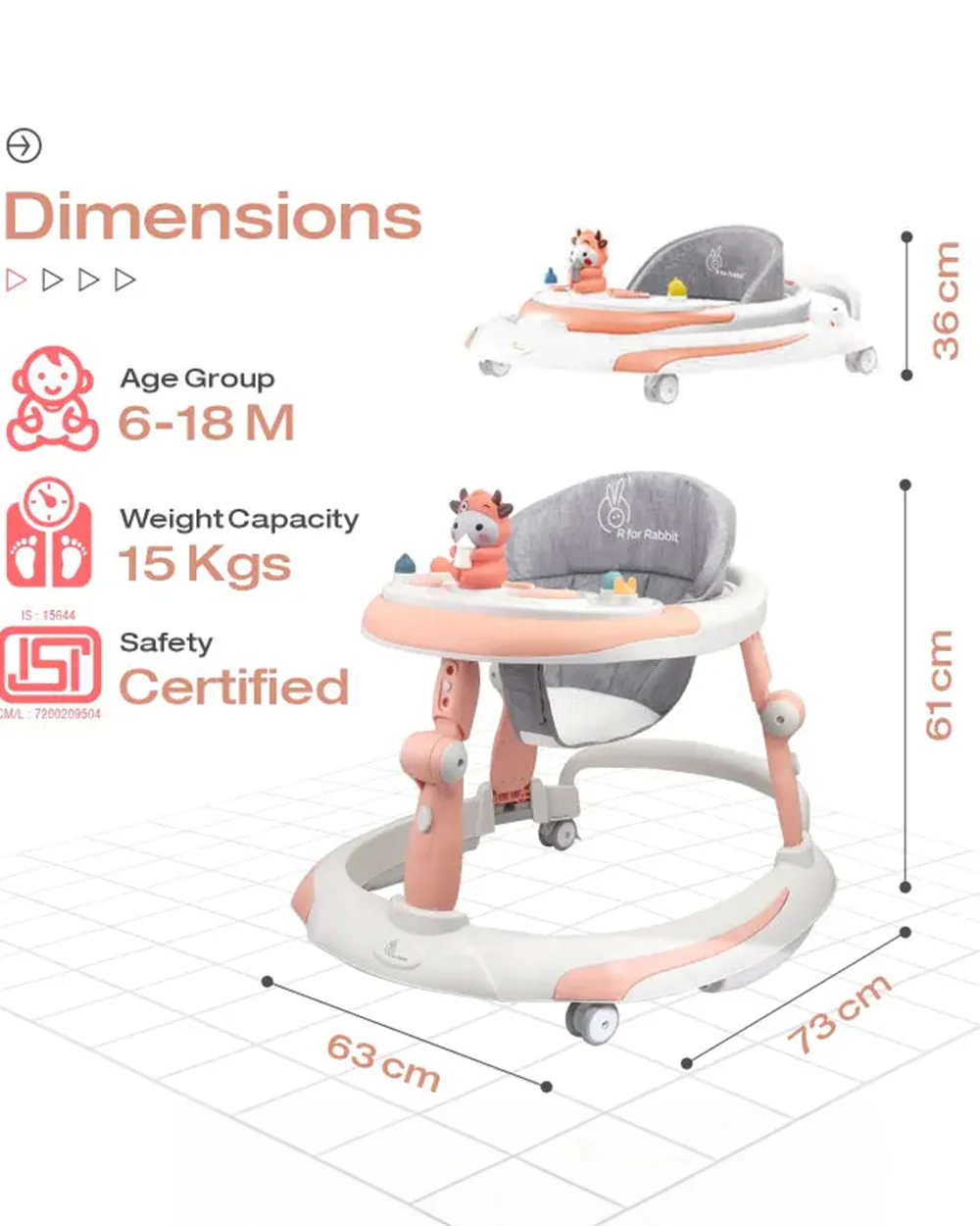 R for Rabbit Little Feet Plus Baby Walker-3 Level Height Adjustment-Converts to Rocker-6M to 18M (Upto 15Kg)-Pink - Image 7