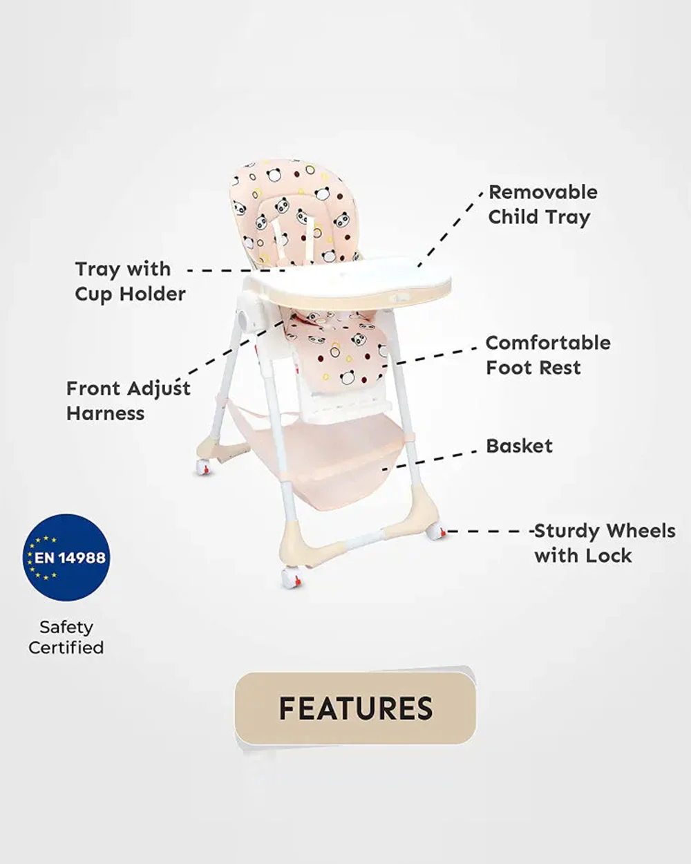 R for Rabbit Marshmallow Baby High Chair-7 Height Adjustments-Removable Double Meal Tray-6M to 5Y (Upto 20Kg)-Beige - Image 12