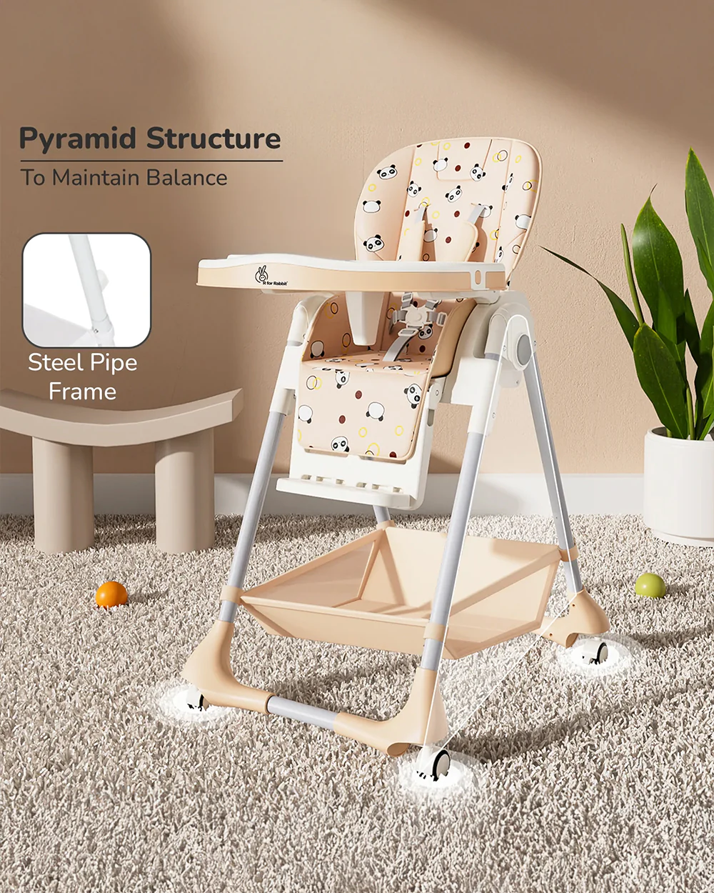R for Rabbit Marshmallow Baby High Chair-7 Height Adjustments-Removable Double Meal Tray-6M to 5Y (Upto 20Kg)-Beige - Image 3