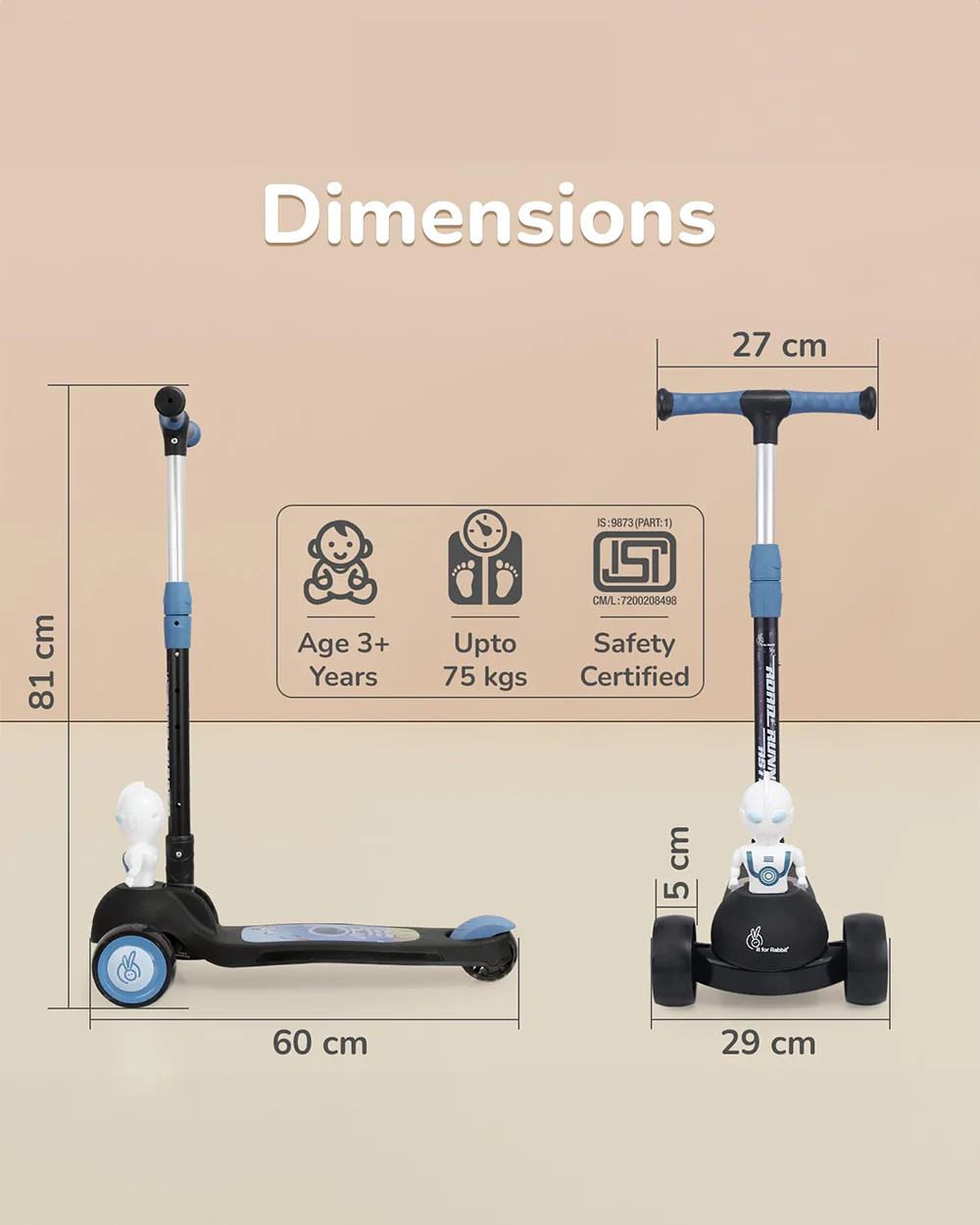 R for Rabbit Road Runner Astro Baby Scooter-3 Level Height Adjustment-BIS Safety Certified-3Y+ (Upto 75 Kg)-Black - Image 8