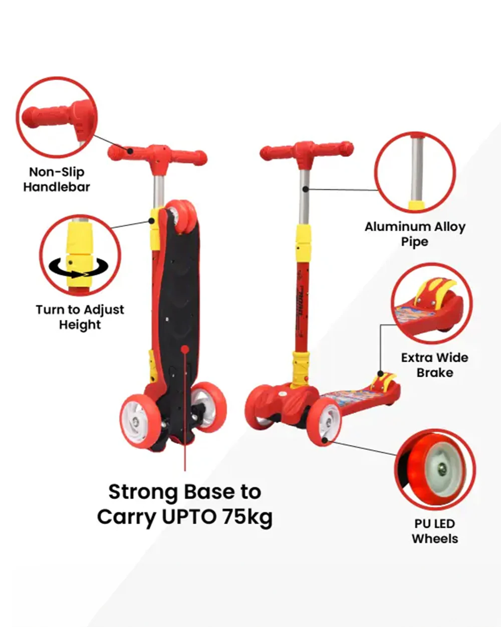 R for Rabbit Road Runner Baby Scooter-4 Level Height Adjustment-With PU LED Wheels-3Y to 7Y (Upto 75Kg)-Red - Image 5