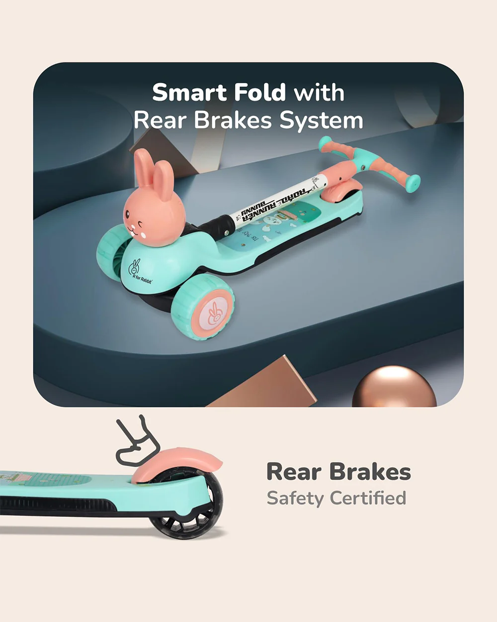 R for Rabbit Road Runner Bunny Baby Scooter-3 Level Height Adjustment-BIS Safety Certified-3Y+ (Upto 75 Kg)-Green Peach - Image 4