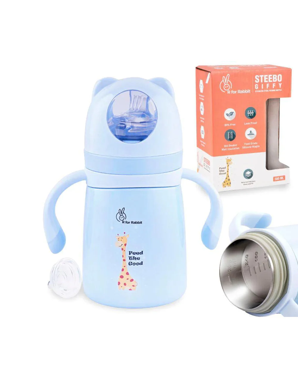 R for Rabbit Steebo Giffy Stainless Steel Feeding Bottle-Blue-Double Wall Insulated-With Soft Silicone Spout-300 ml - Image 2