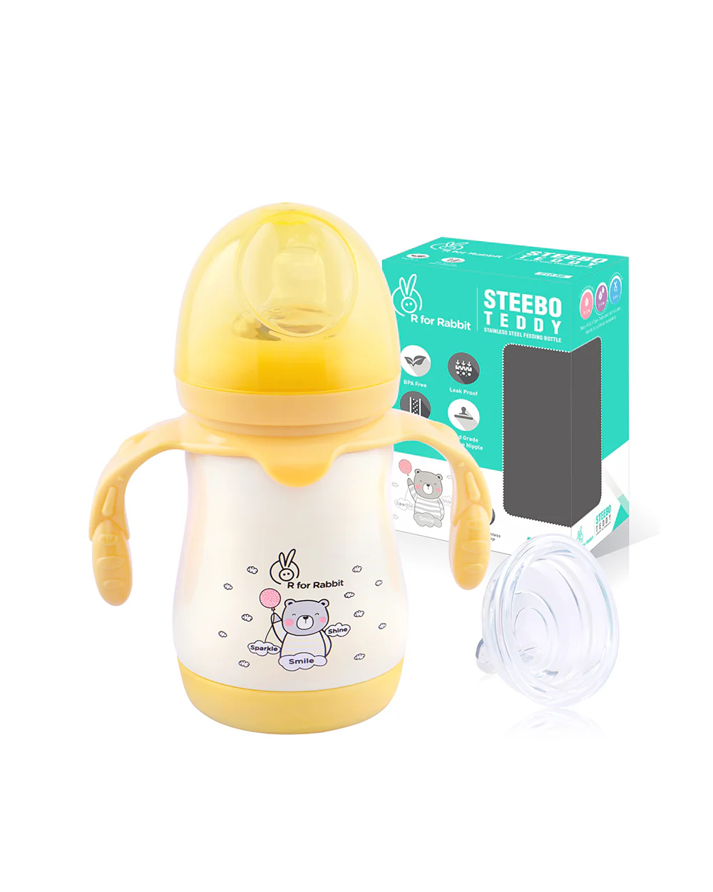 R for Rabbit Steebo Teddy Stainless Steel Feeding Bottle-Yellow-Double Wall Insulated-With Soft Silicone Spout-210 ml