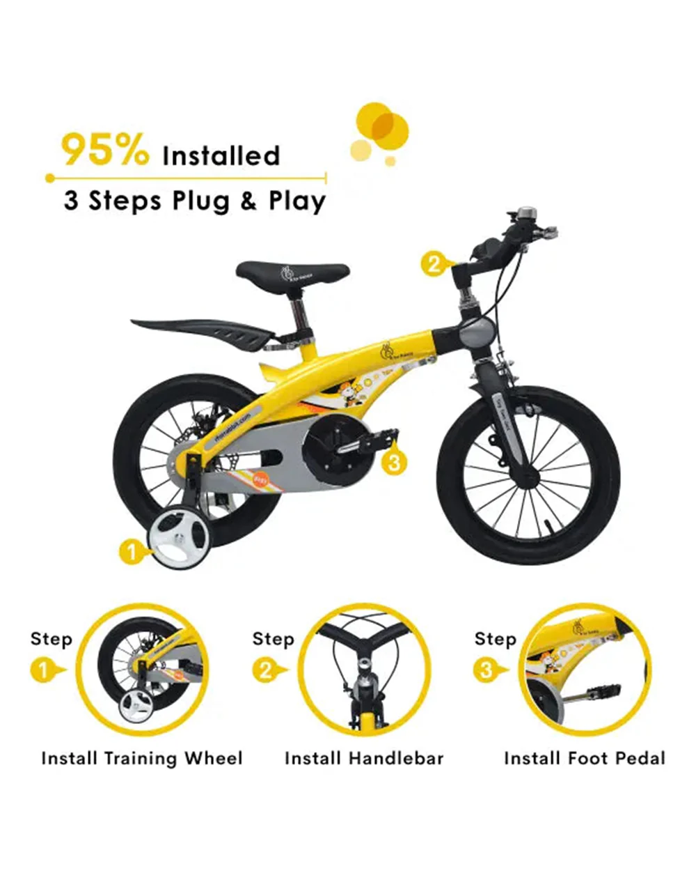 R for Rabbit Tiny Toes Jazz Bicycle-14 inch Wheels-90% Pre-Installed-Adjustable Structure-3Y to 5Y (Upto 40kg)-Yellow - Image 2